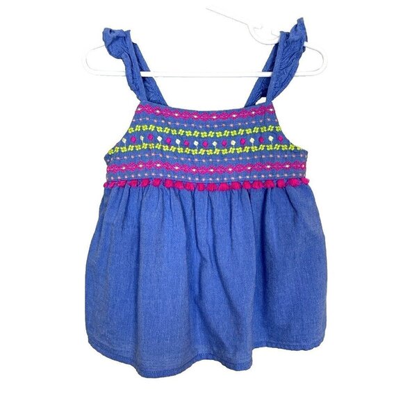 Cat & Jack Sleeveless Embroidered Chambray Tank Top Tassel Blue Pink Girls 4T - Picture 1 of 10
